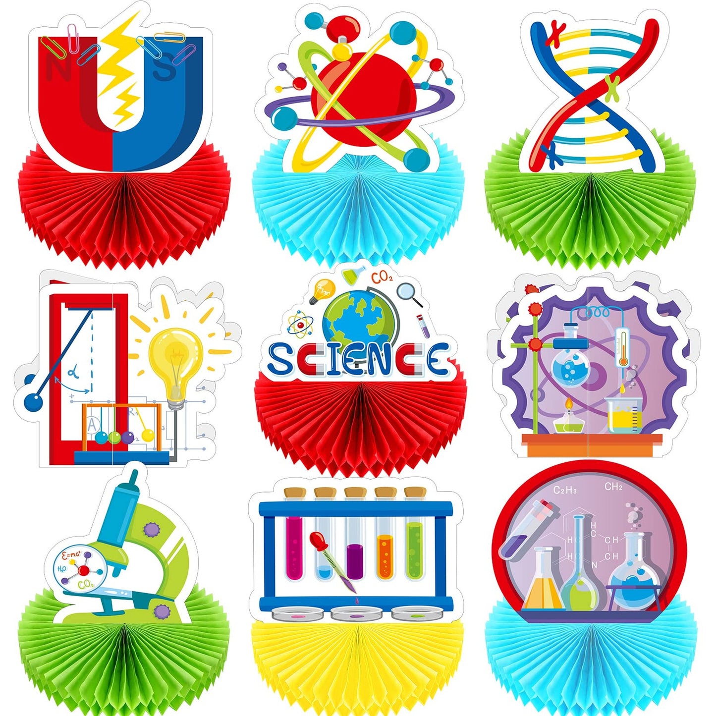 Science Lab Party Pack: 9-Piece Honeycomb Centerpieces & Favors - Mad Scientist Birthday Supplies for Chemistry Week. 3D Decor for Science Enthusiasts!
