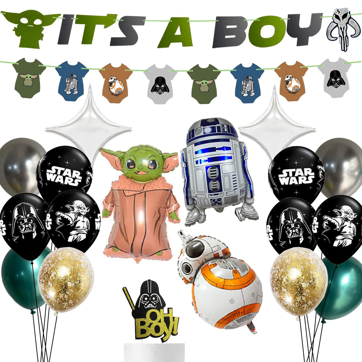 Galactic Baby Boy Shower Set - Felt Banners, Alien Balloons, Star Cake Toppers. Perfect for Star War themed baby showers. Celebrate the arrival of your little Jedi with this out-of-this-world decoration set!