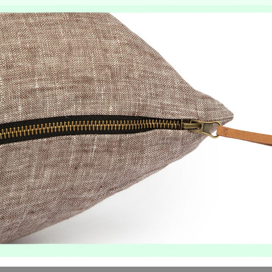Vintage Brown Linen Throw Pillow Cover - Lightweight Slub Fabric with Metal Zipper Closure and Suede Pull - 20x20 Decorative Cushion Case