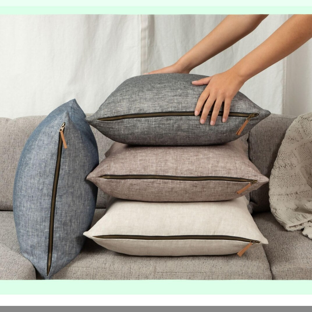 Vintage Brown Linen Throw Pillow Cover - Lightweight Slub Fabric with Metal Zipper Closure and Suede Pull - 20x20 Decorative Cushion Case