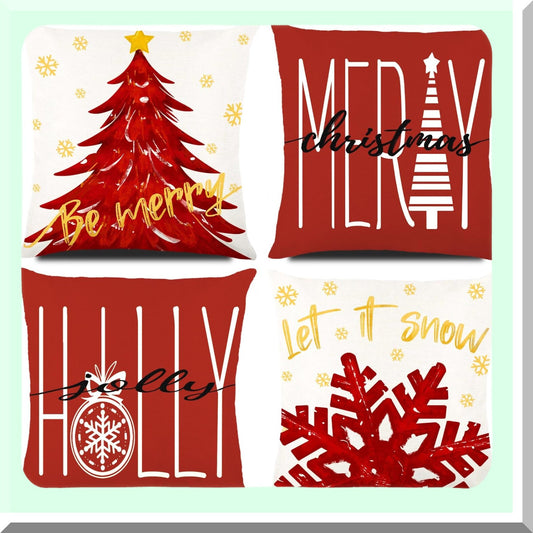 Winter Wonderland Pillow Cover Set - Red Merry Tree & Snowflake Design - Festive Gold Let it Snow Decor - Holiday Home Sofa Couch Cushion Case - 18x18 inch, Set of 4