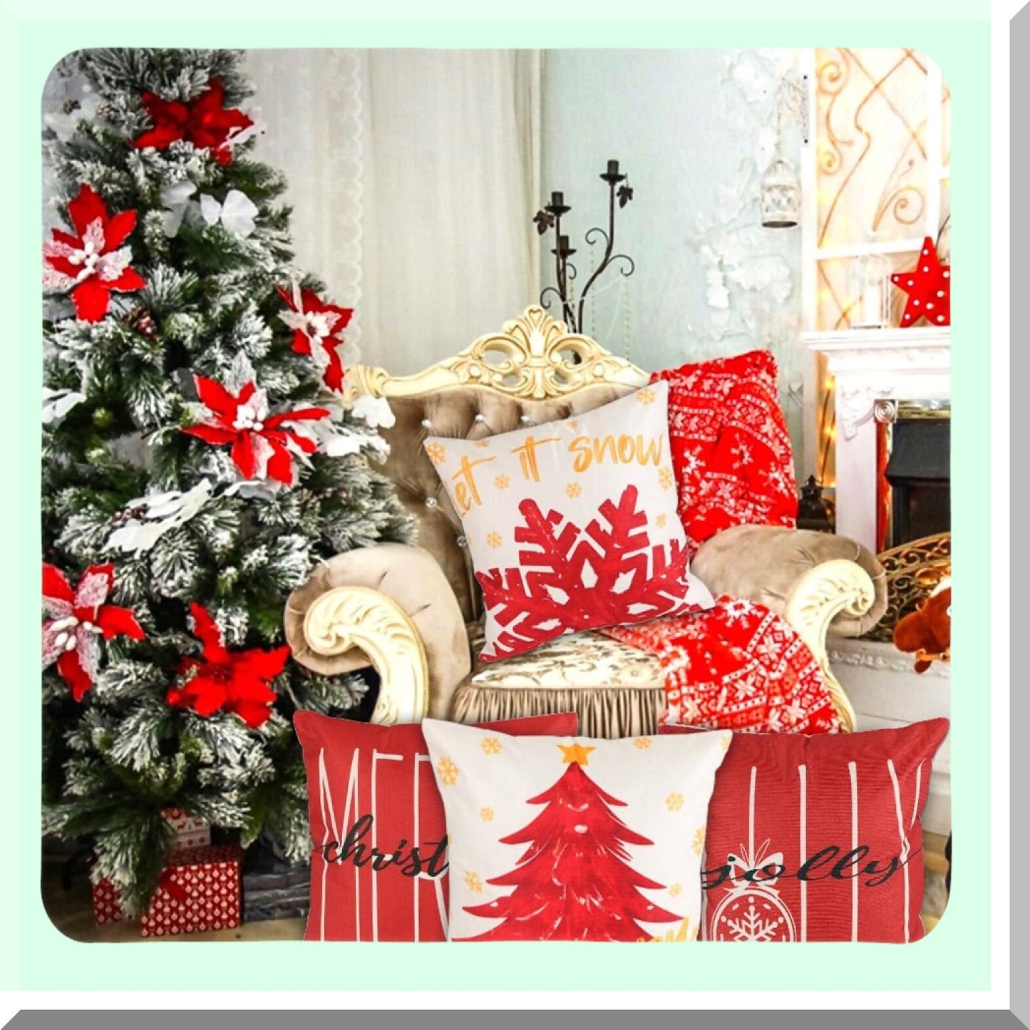 Winter Wonderland Pillow Cover Set - Red Merry Tree & Snowflake Design - Festive Gold Let it Snow Decor - Holiday Home Sofa Couch Cushion Case - 18x18 inch, Set of 4