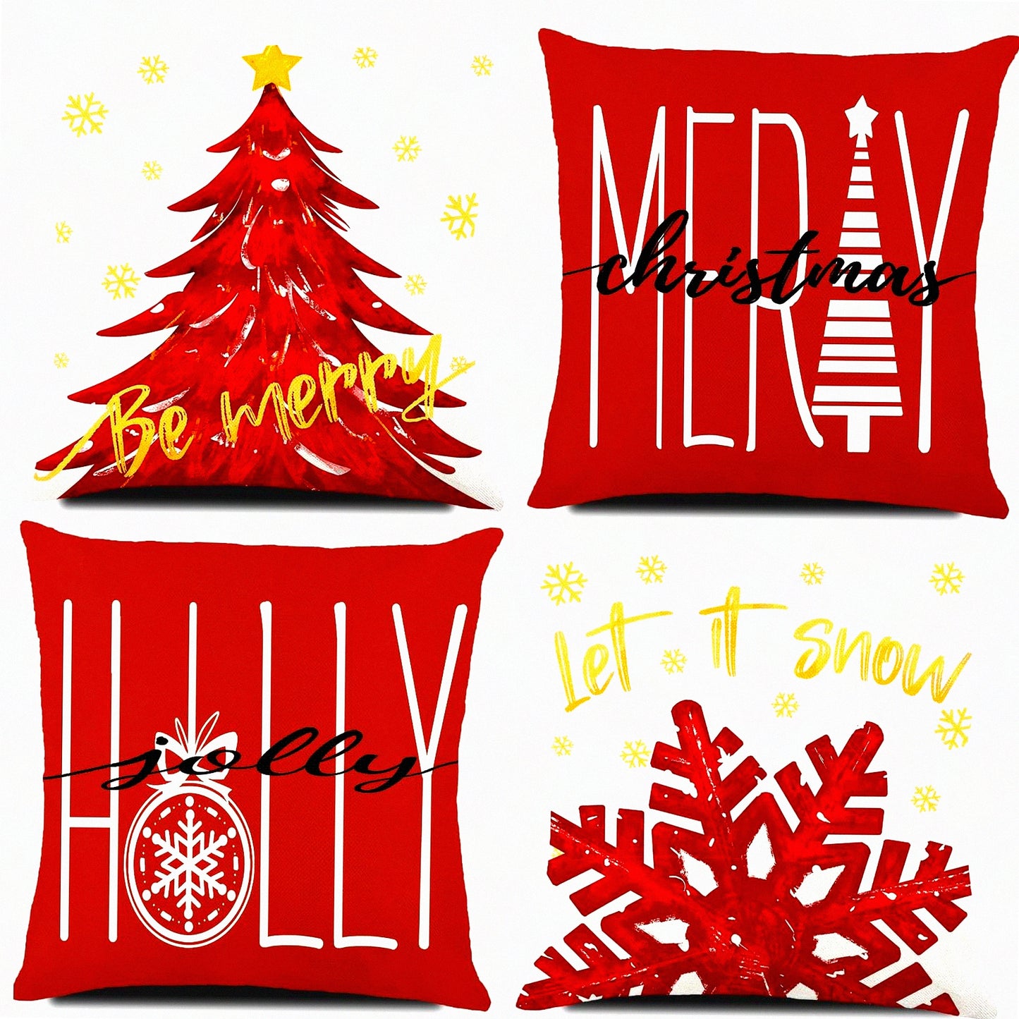 Winter Wonderland Pillow Cover Set - Red Merry Tree & Snowflake Design - Festive Gold Let it Snow Decor - Holiday Home Sofa Couch Cushion Case - 18x18 inch, Set of 4