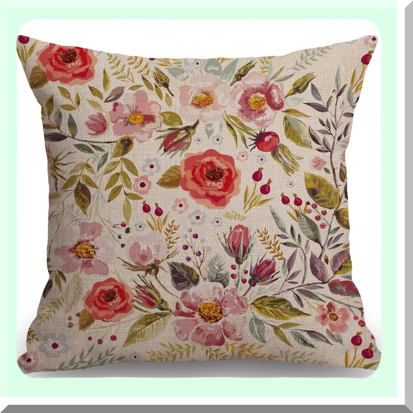 Vintage Romance Floral Pillow Cover - 18x18 Inch Farmhouse Decor - Hand Drawn Flowers Throw Pillow for Sofa Couch - Home Decoration Accent