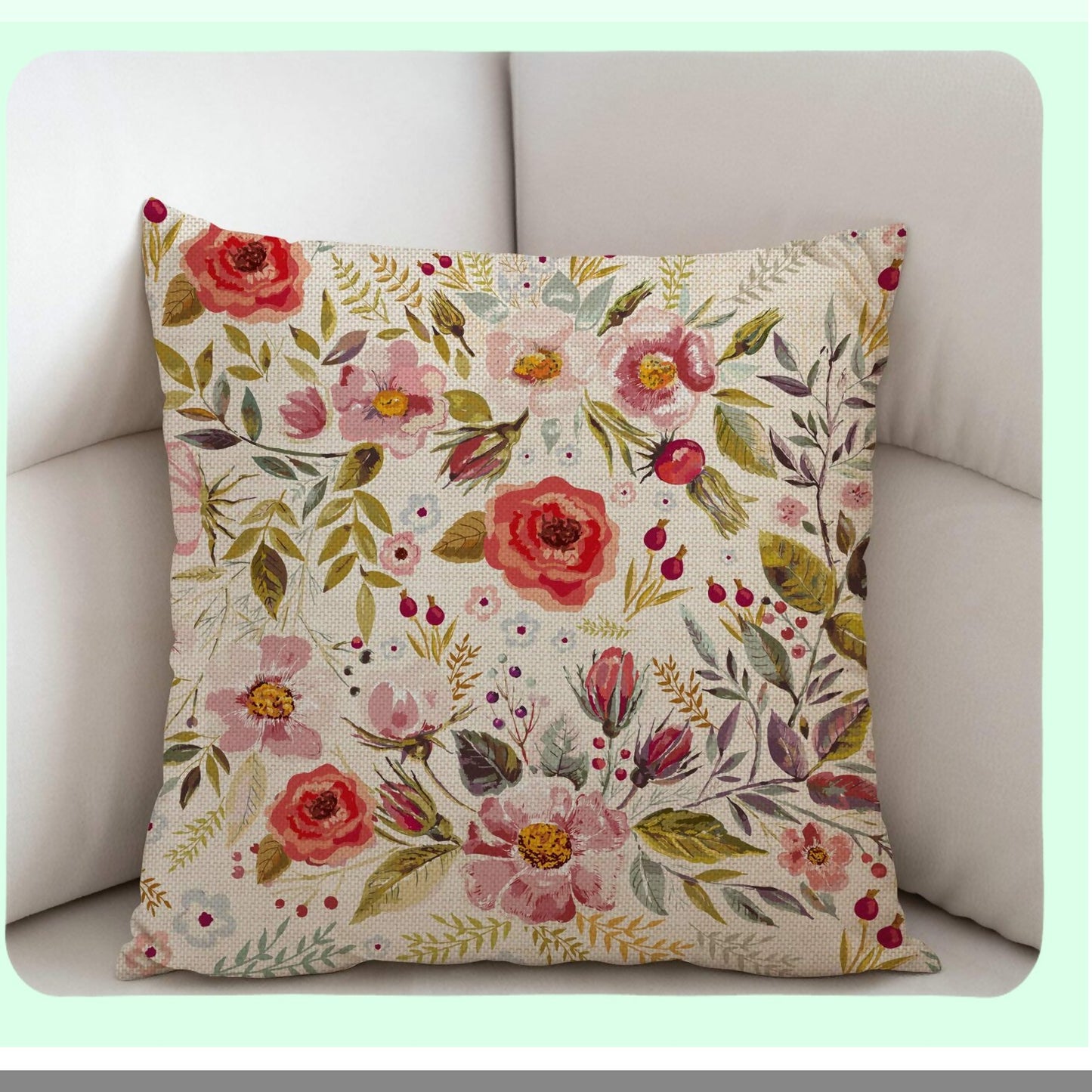 Vintage Romance Floral Pillow Cover - 18x18 Inch Farmhouse Decor - Hand Drawn Flowers Throw Pillow for Sofa Couch - Home Decoration Accent