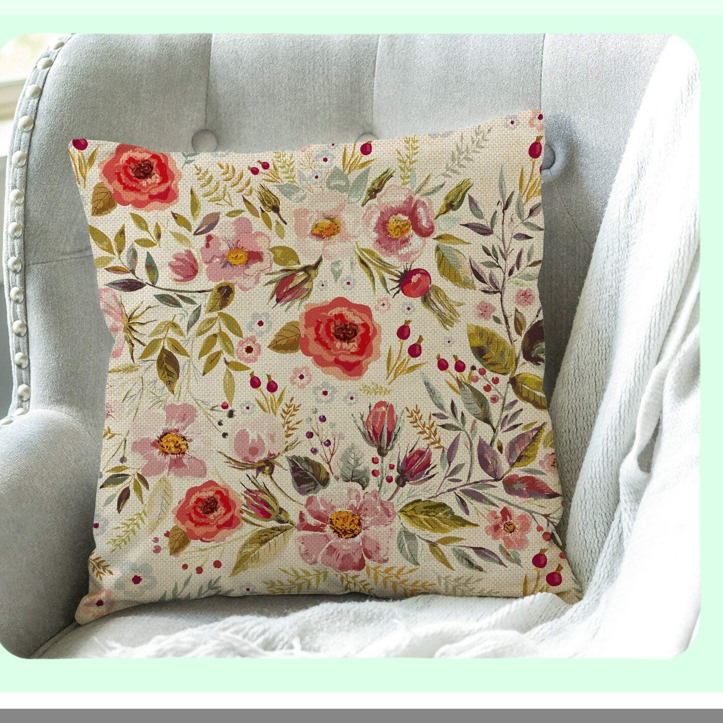 Vintage Romance Floral Pillow Cover - 18x18 Inch Farmhouse Decor - Hand Drawn Flowers Throw Pillow for Sofa Couch - Home Decoration Accent
