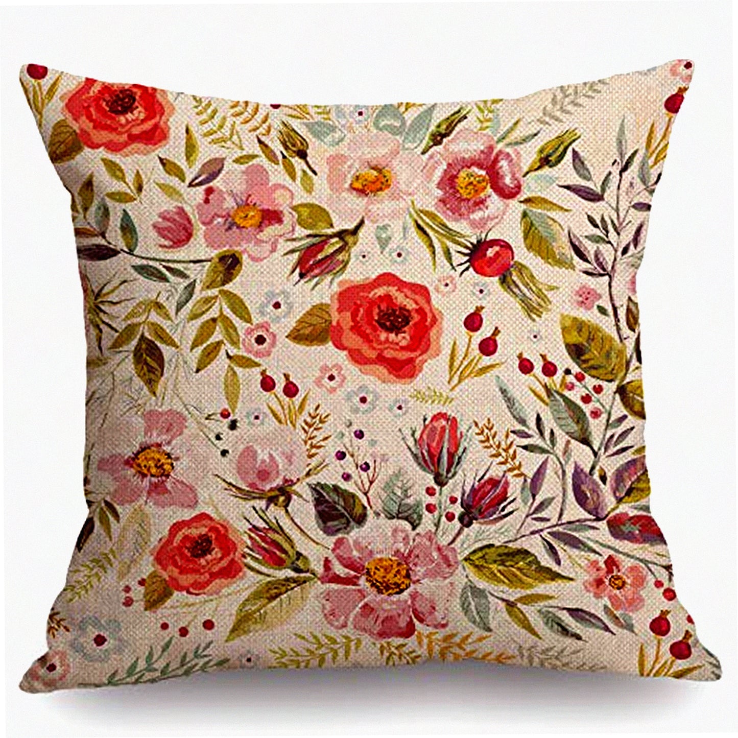 Vintage Romance Floral Pillow Cover - 18x18 Inch Farmhouse Decor - Hand Drawn Flowers Throw Pillow for Sofa Couch - Home Decoration Accent