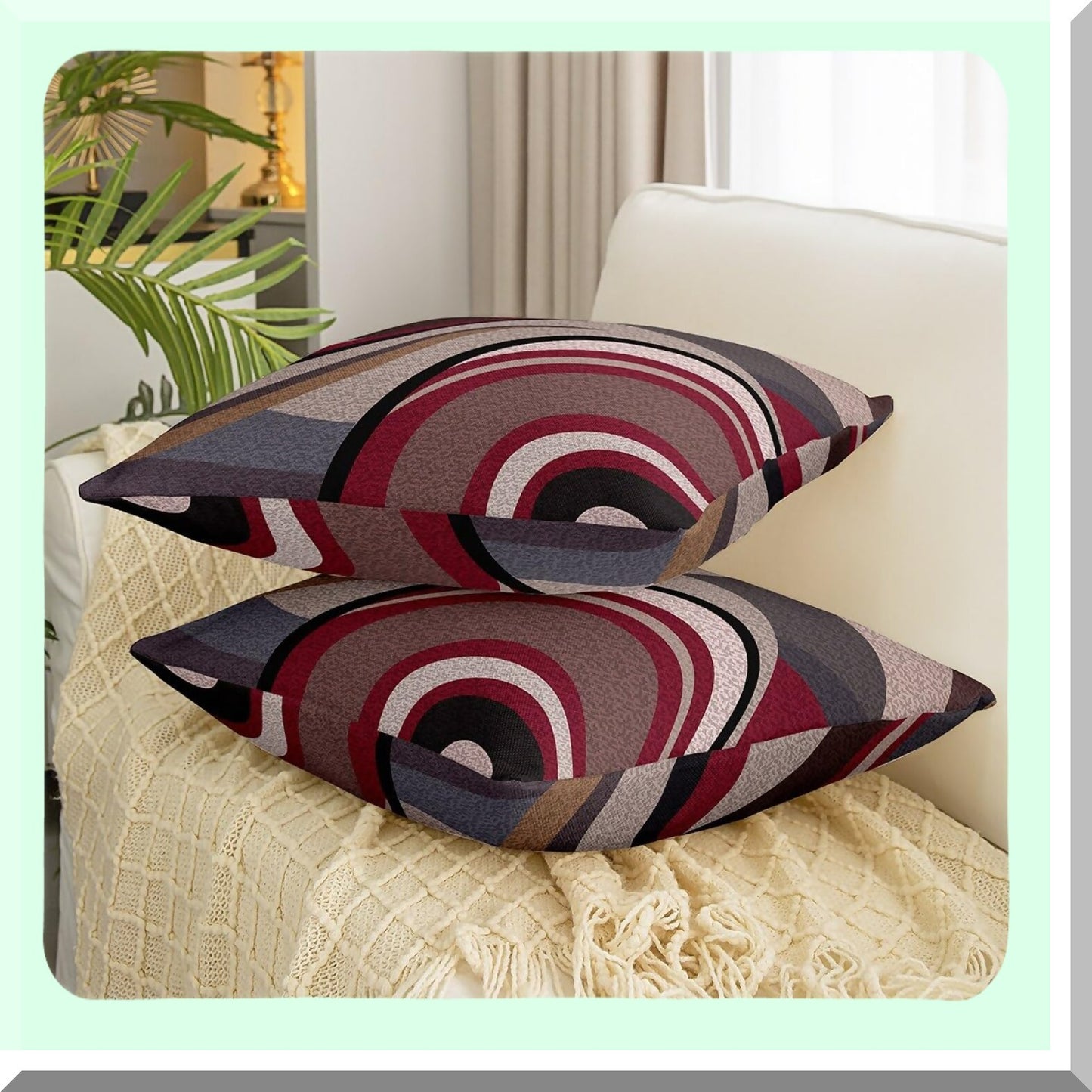 Geometric Stripe Line Outdoor Pillow Covers Set - Modern Art Cushion Case for Couch Sofa Living Room - Red Grey Square Porch Pillows - 18x18 Inches