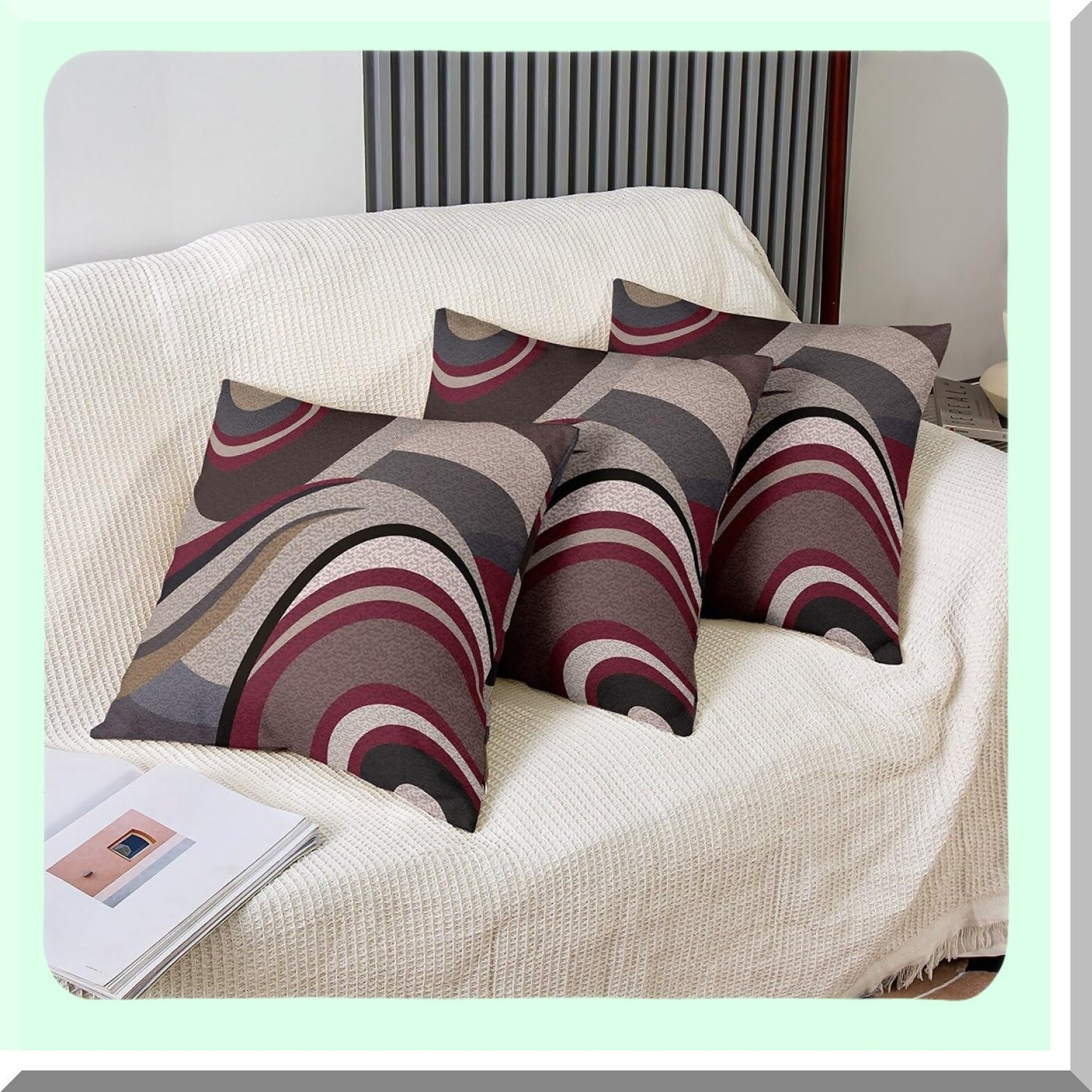 Geometric Stripe Line Outdoor Pillow Covers Set - Modern Art Cushion Case for Couch Sofa Living Room - Red Grey Square Porch Pillows - 18x18 Inches