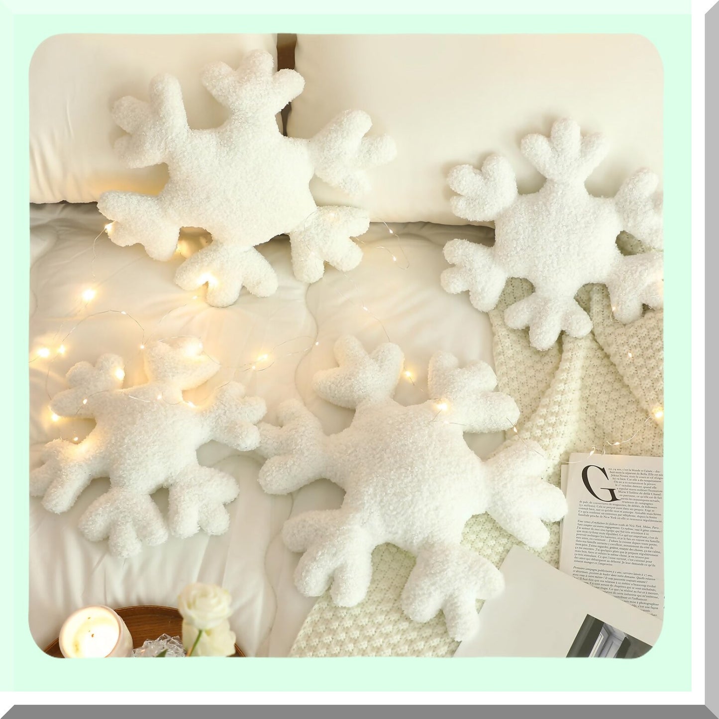 Snowflake Cozy Cushion Set - Winter Decorative Throw Pillows for Couch, Sofa, Bed - White Plush Pillow Collection (4 Pcs, 11.81" & 15.75")