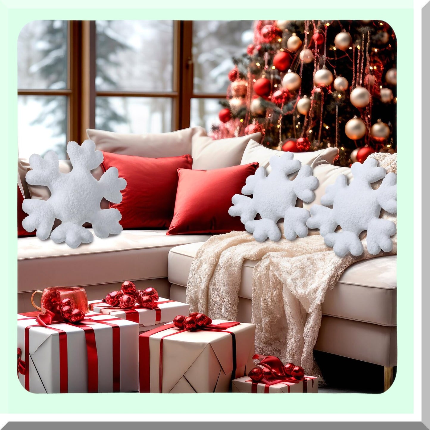 Snowflake Cozy Cushion Set - Winter Decorative Throw Pillows for Couch, Sofa, Bed - White Plush Pillow Collection (4 Pcs, 11.81" & 15.75")