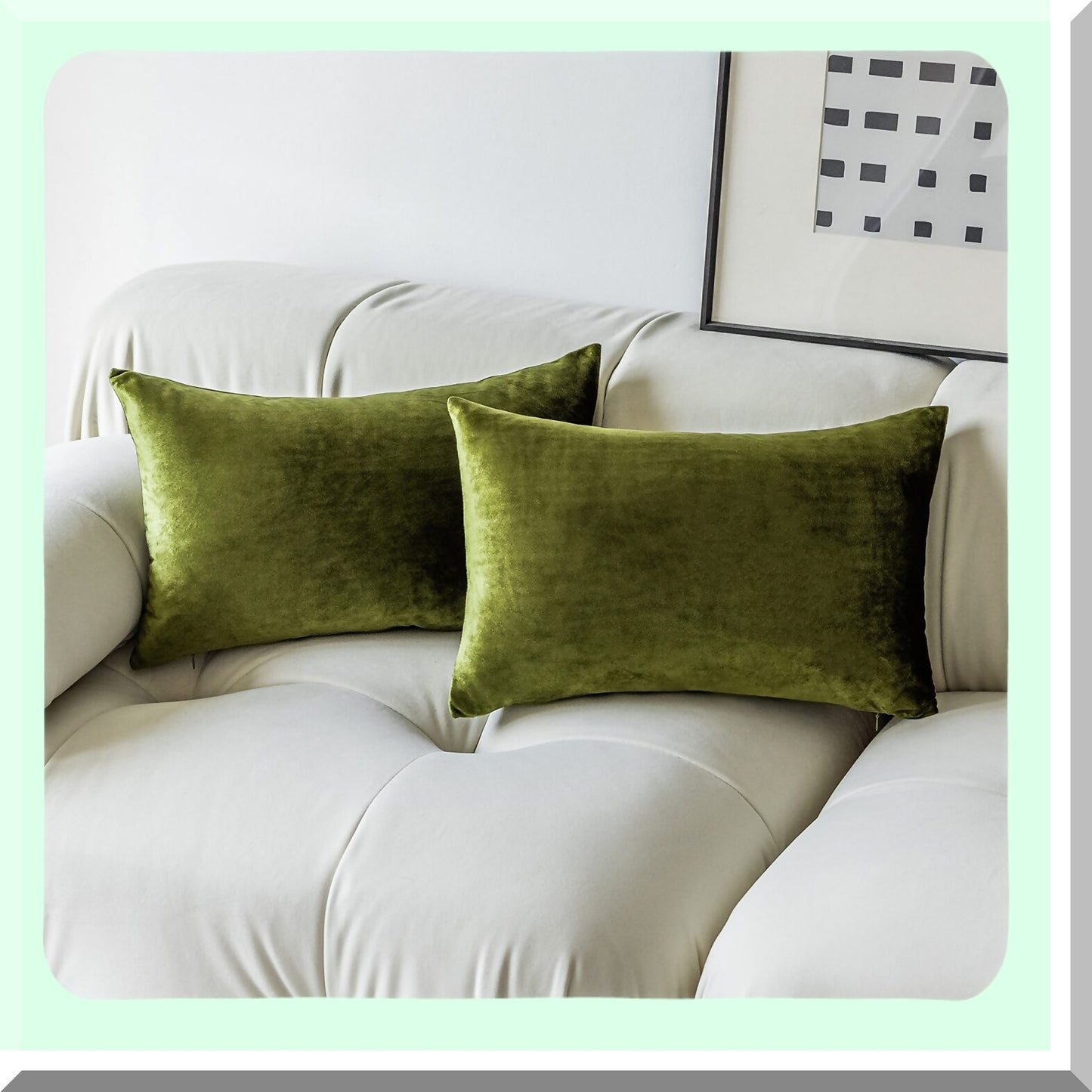 Green Velvet Spring Lumbar Pillow Covers - Set of 2 | Decorative Rectangle Throw Pillows for Couch & Bedroom | 12x20 Inch Accent Pillowcases for Sofa & Chair Décor