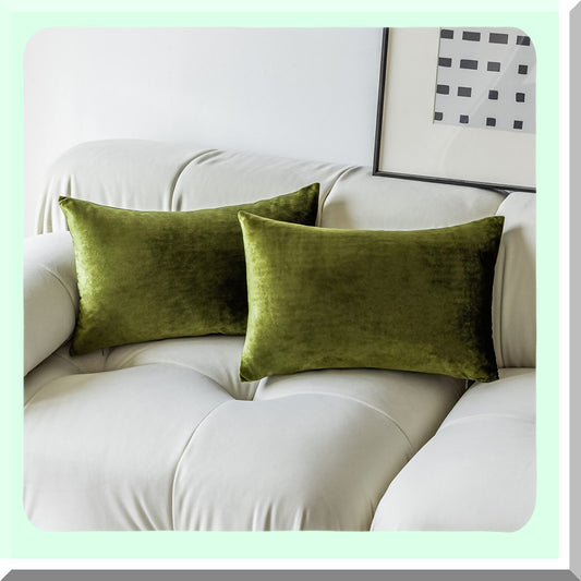 Green Velvet Spring Lumbar Pillow Covers - Set of 2 | Decorative Rectangle Throw Pillows for Couch & Bedroom | 12x20 Inch Accent Pillowcases for Sofa & Chair Décor