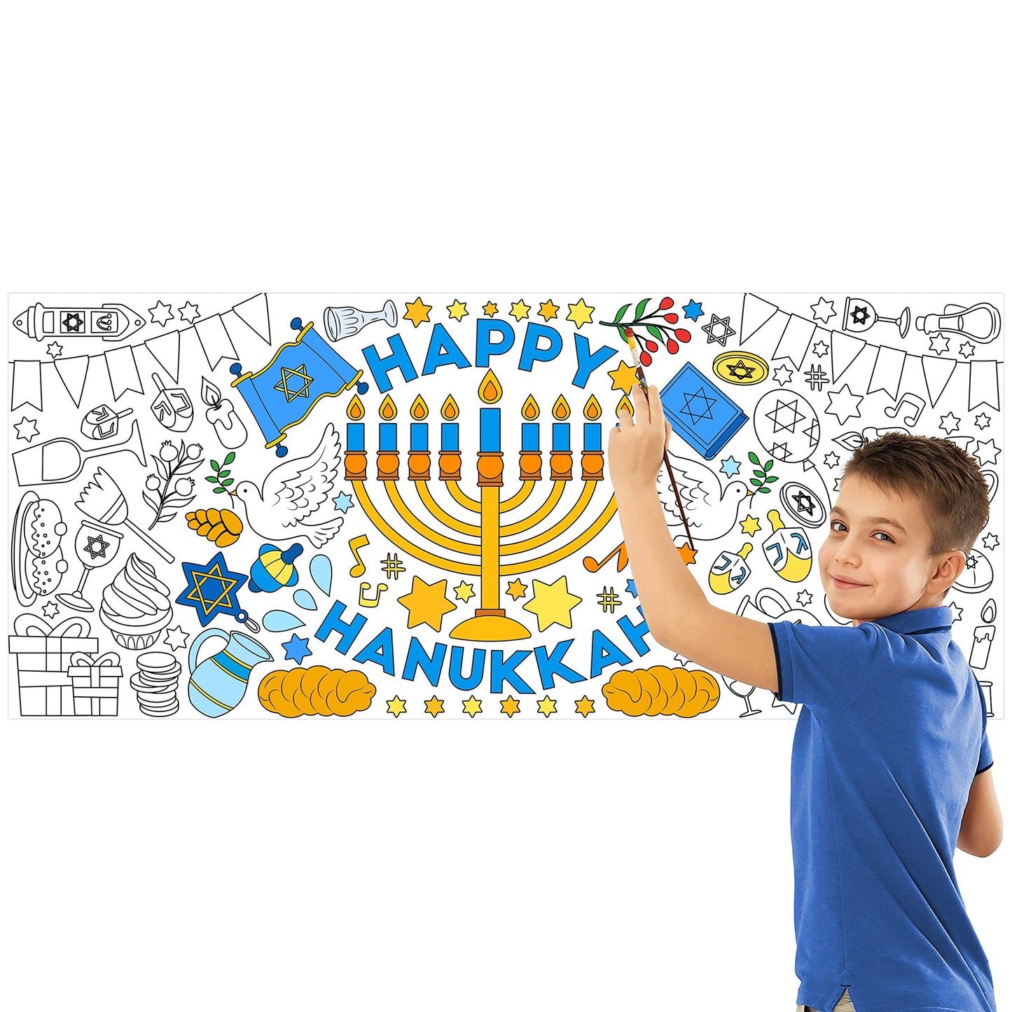 Happy Hanukkah Doodle Banner - Giant Coloring Poster with Candlestick for Kids! Jumbo Chanukkah Wall Decoration for School & Home Party Activities.