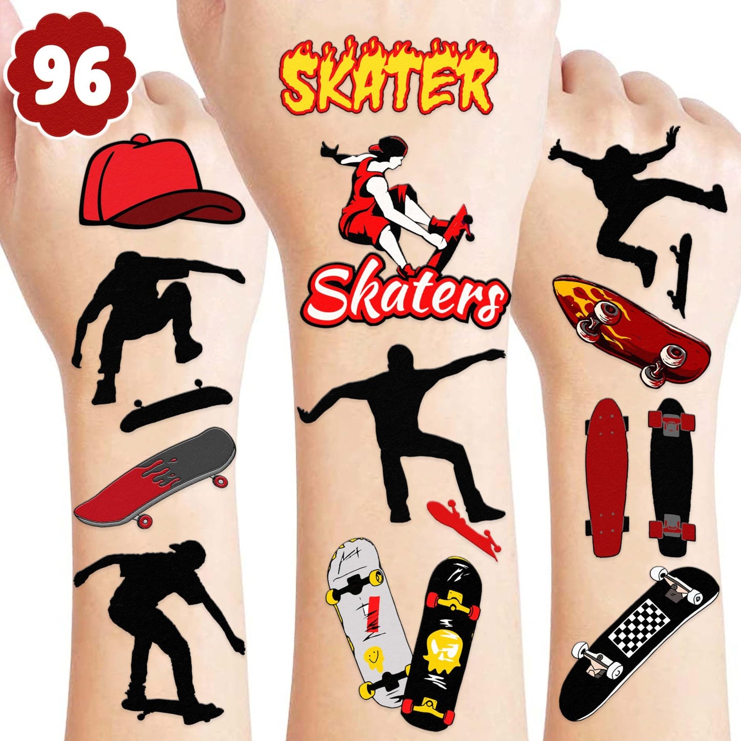 Skateboard Party Stickers Pack - 96PCS Birthday Decorations for Kids Boys Girls - Clroom Prizes & Rewards - Theme Supplies Favors - 8 Sheets
