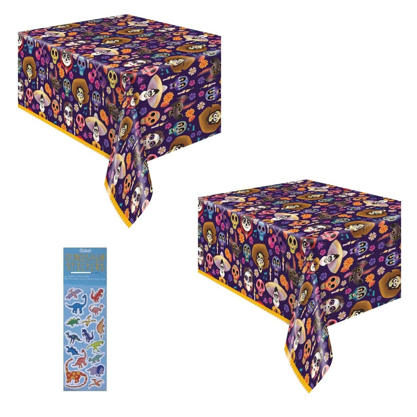 Coco Dino Party Pack - 2 Table Covers 54" x 84" + 1 Dinosaur Sticker Sheet - Complete Supplies for a Roaring Good Time!