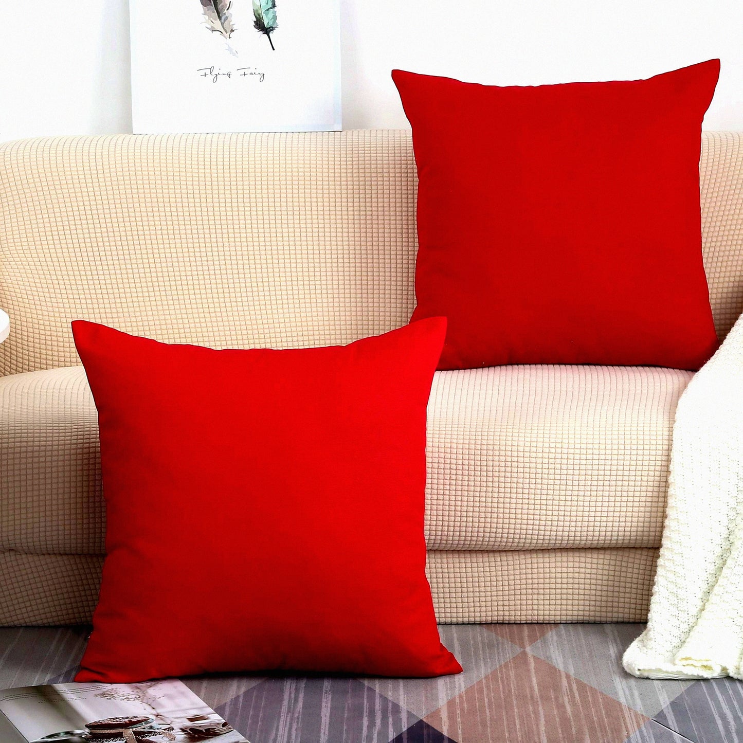 Cotton Canvas Colorful Throw Pillow Covers - 20x20 Red - Set of 2 - Decorative Cushion Covers - 100% Cotton - 45 Colors Available