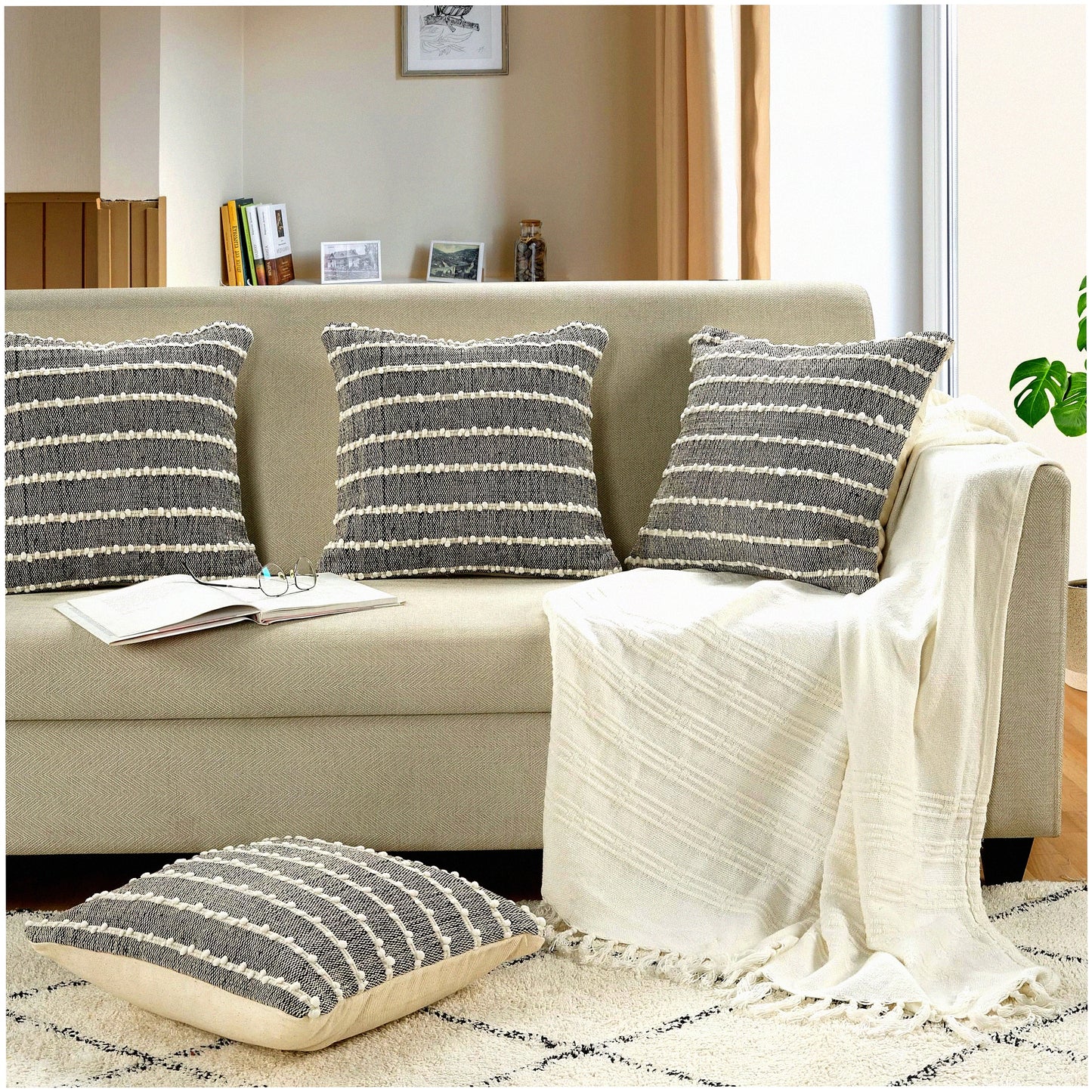 Boho Chic Tufted Cushion Covers - Set of 2 Handwoven Decorative Pillow Cases for Living Room, Bedroom, Sofa - Farmhouse Home Decor - Cotton Square 18x18 inch Cream