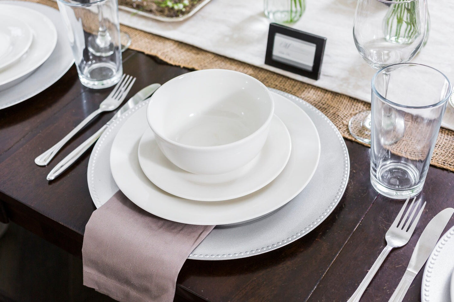 Silver Plastic Charger Plates with Beaded Rims, 13 in. (Pack of 12)