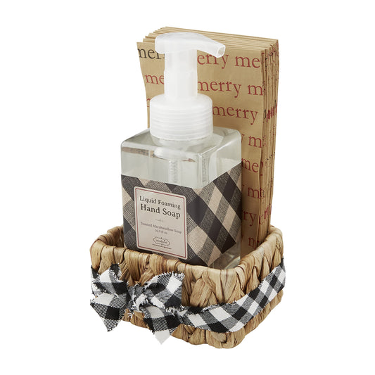 Cream Check Toasted Marsh Scented Soap  Napkin Basket Set, soap 17 oz  Napkins 7 3/4" x 4" 2 1/2" x 4 1/4" x 3 1/2"