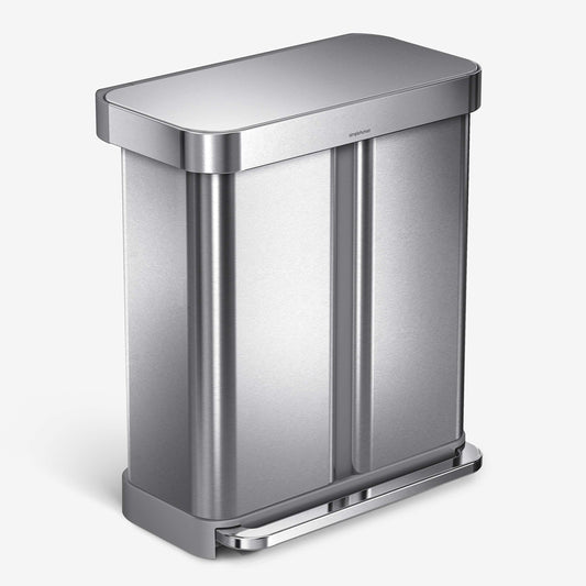 58 Liter  15.3 lon Rectangular Hands-Free Dual Compartment Recycling Kitchen Step Trash Can with Soft-Close Lid, Brushed Stainless Steel
