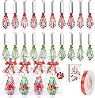 Set of 24 Christmas-themed 10-inch silicone whisks with cards, ribbons, and bags