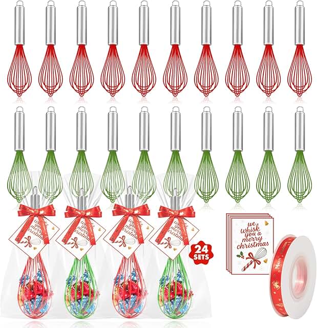 Set of 24 Christmas-themed 10-inch silicone whisks with cards, ribbons, and bags