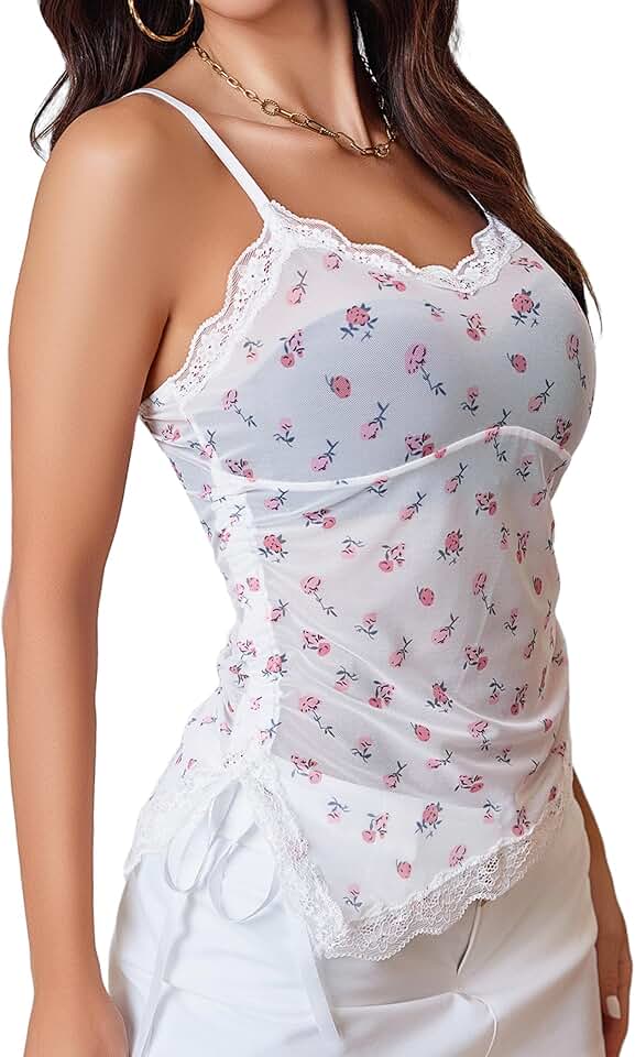 Sheer Mesh Cami Top with Ruched and Asymmetrical Hem