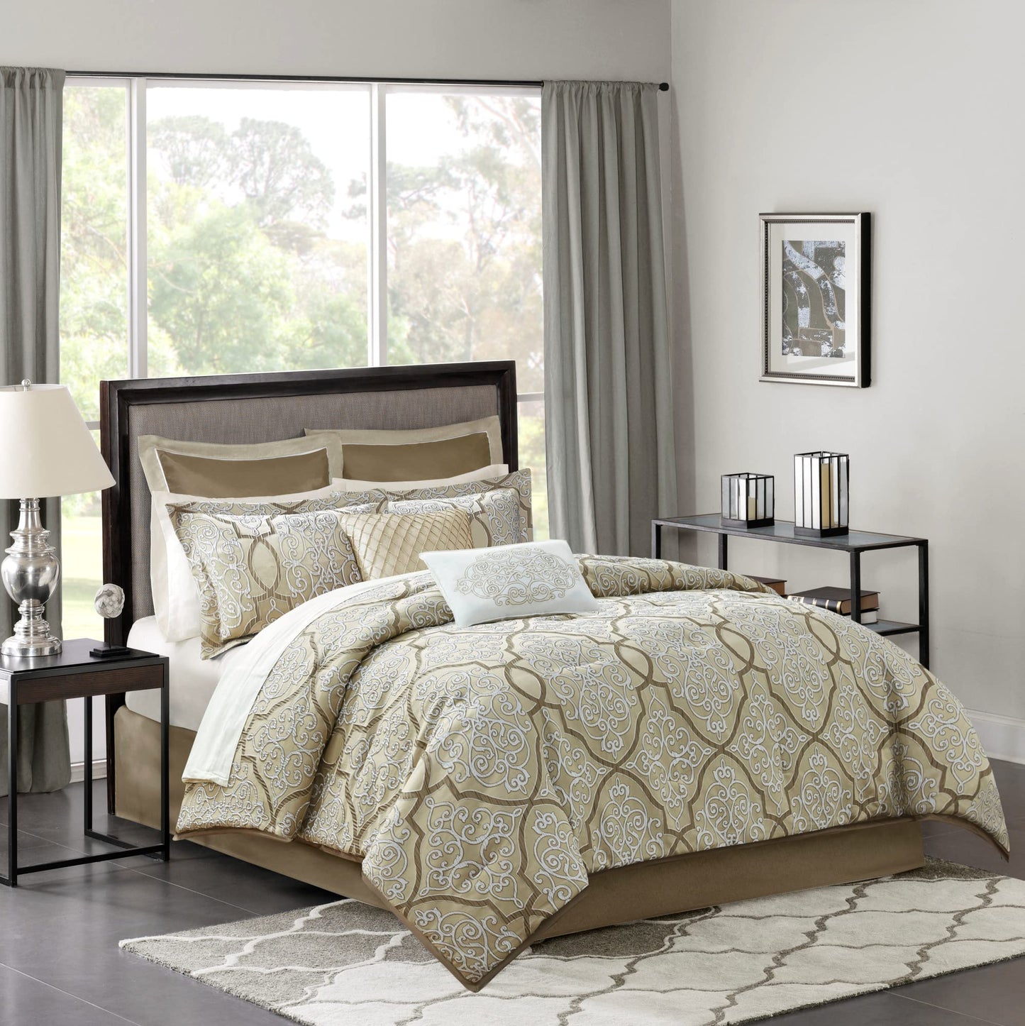 LaVine Cozy Bed in a Bag Comforter, Traditional Luxe Jacquard Design All Season Down Alternative Cover with Complete Sheet Set, Queen, Gold 12 Piece