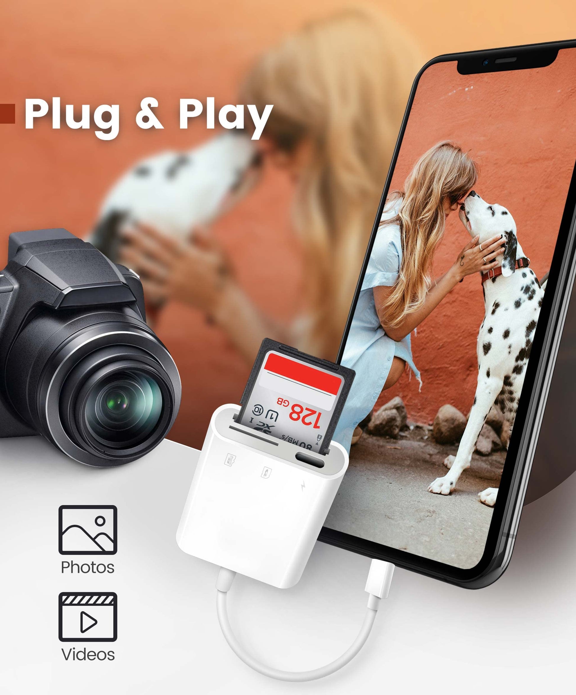 SD Card Reader for iPhone, 2 in 1 SD Card Reader for iPhone iPad Camera, SD Card Adapter Reader for Trail Game Camera DSLR Dash Cams SD Card Reader, Portable No App Required