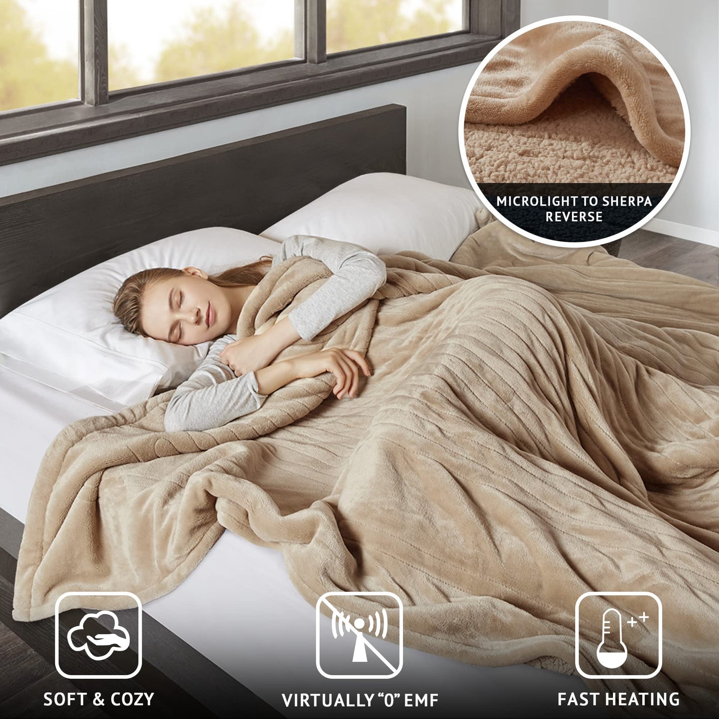 Reversible Microlight to Sherpa Electric Blanket, Auto Shut Off, Virtually Zero EMF, Multi Heat Setting, UL  Machine Washable, Tan Queen 90 inx84 in)