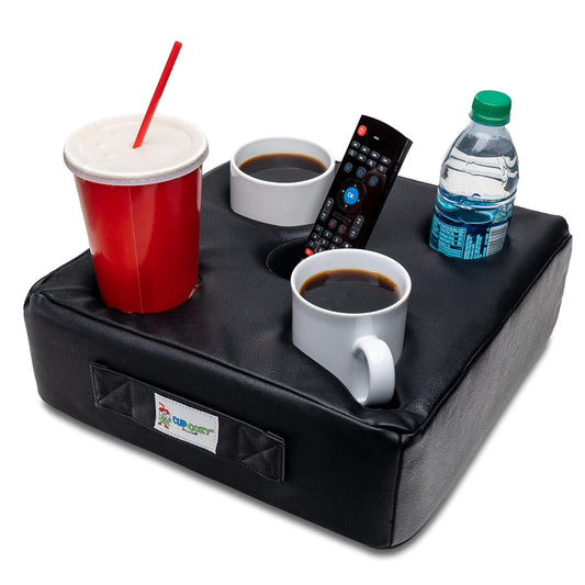 5 Hole Black Faux Leather)- As Seen on TV-The World's Best Holder! Keep Drinks Close and Safe From Spills. Use Anywhere-Couch, Floor, Bed, Man cave, car, RV, Park, Beach and More!
