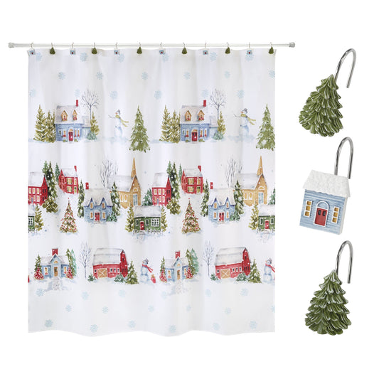 Shower Curtain with Set of 12 Matching Hooks, Bathroom  Holiday Decor Warm Welcome ,