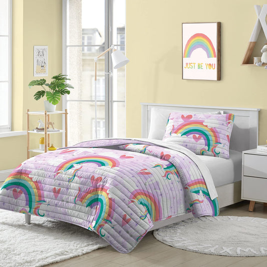 Kids Reversible Quilt Set Soft Microfiber Lightweight Bedspread Coverlet Bed Blanket, Full, Purple Unicorn Rainbow