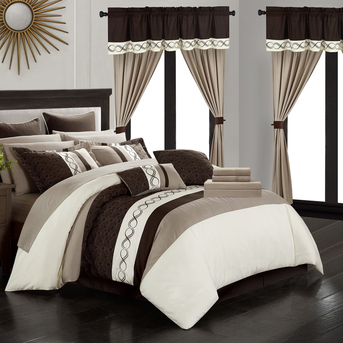 Idit 24 Piece Comforter Set Color Block Embroidered Design Complete Bag Bedding, King, Beige
