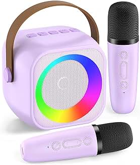 Portable mini karaoke machine with LED lights and microphones