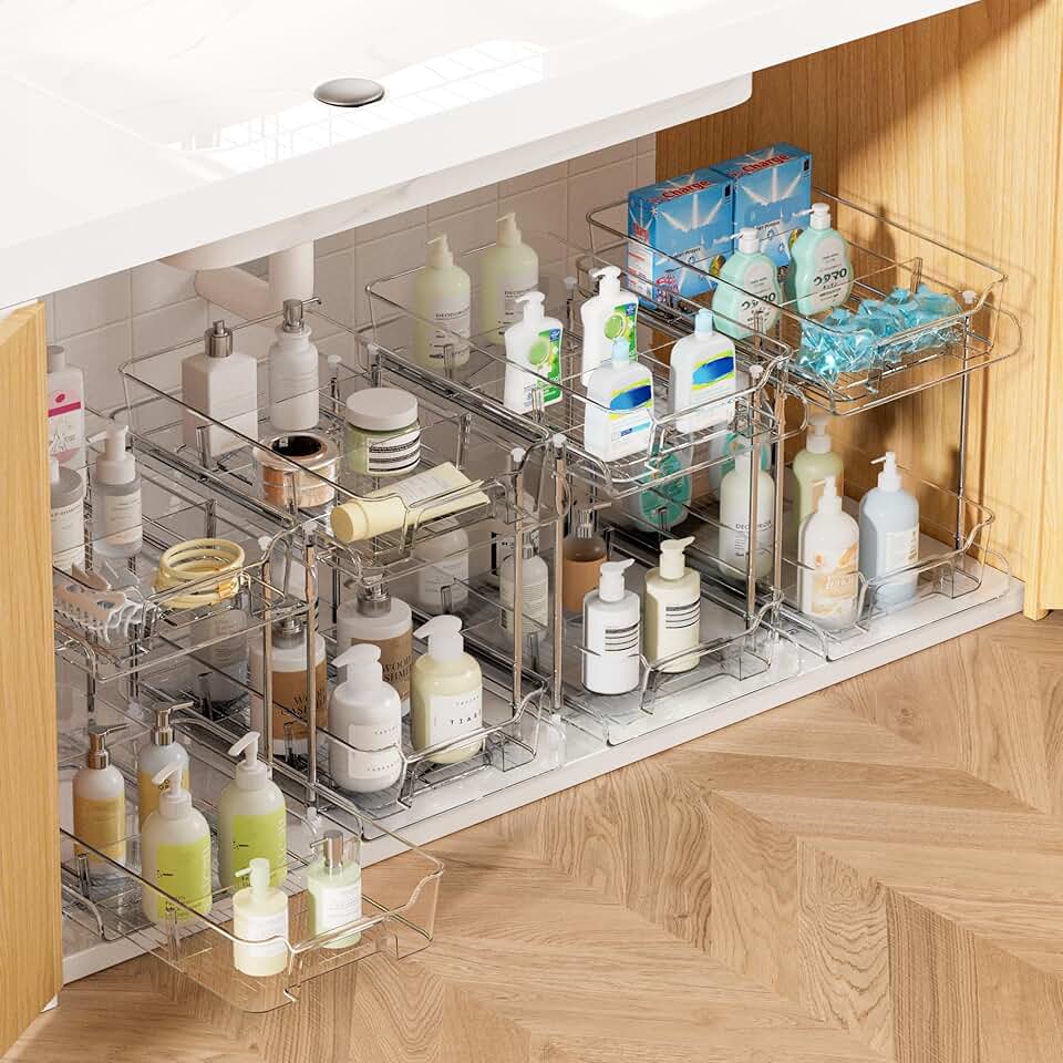 4 Pack Clear Under Sink and Pantry Organizers
