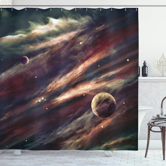 Outer Space Shower Curtain, Planets Over Nebula Gas Cloud Space axy Star Illustration, Cloth Fabric Bathroom Decor Set with Hooks, 69" W x 84" L, Rose Ivory