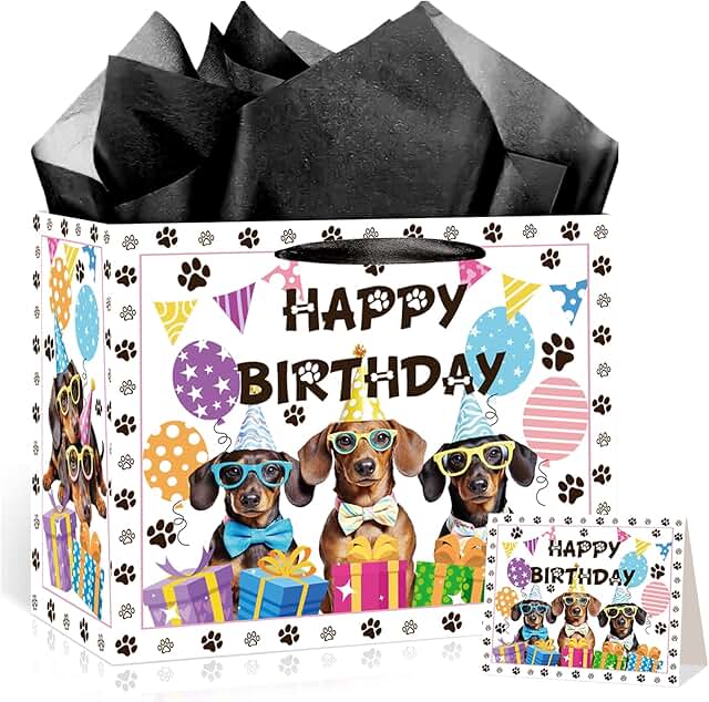 Large Dog Birthday Gift Bag Set with Tissue Paper and Card