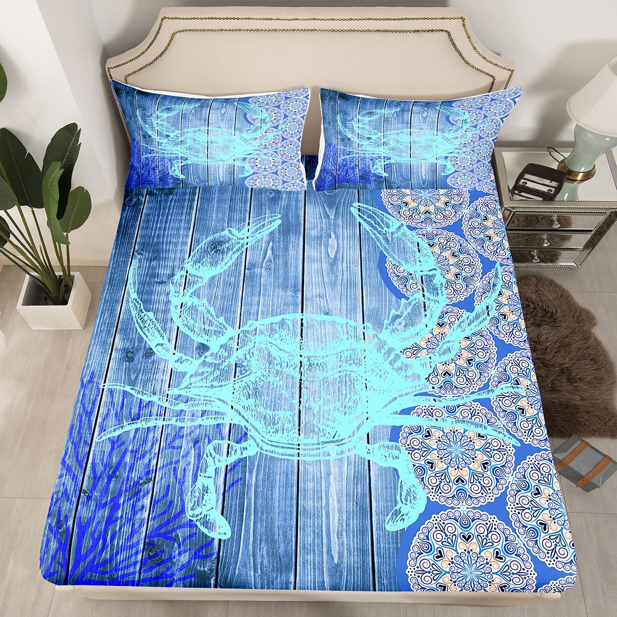 Blue Crab Sheet Set,Hippie Boho Mandala Bed Sheets Full Sea Ocean l Theme Flat Sheet Beach Animal Fitted Sheet Wood Board Home Room Decor,4Pcs with 2 Pillow Shams