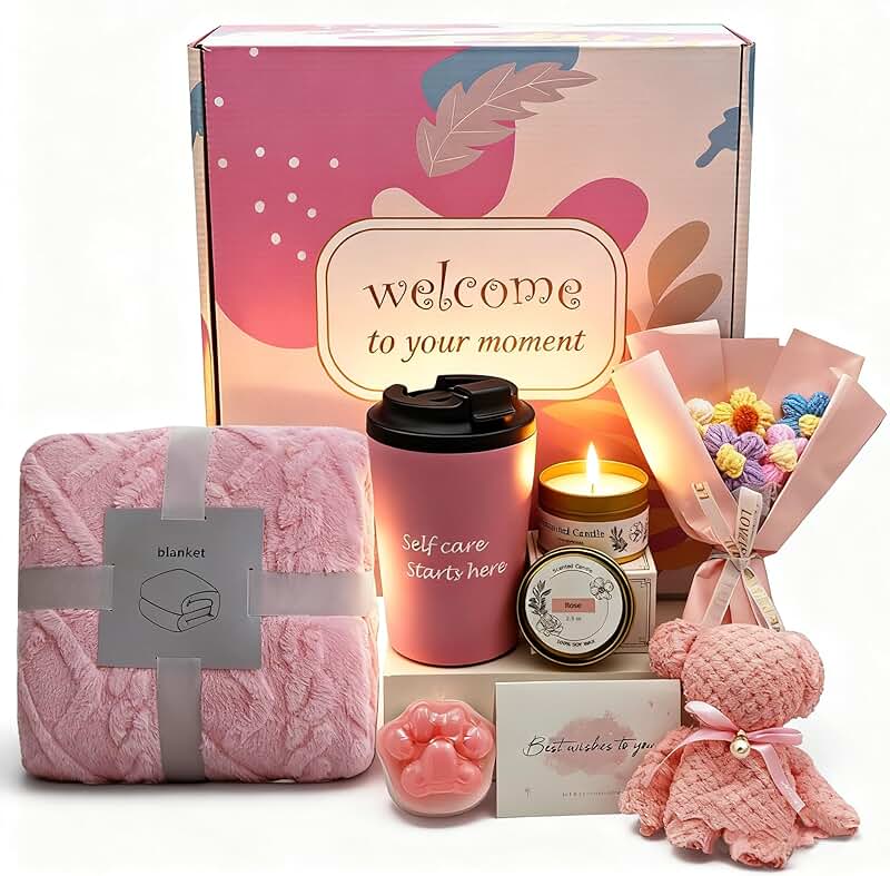 Self Care Gift Set for Women with Blanket, Mug, Candle