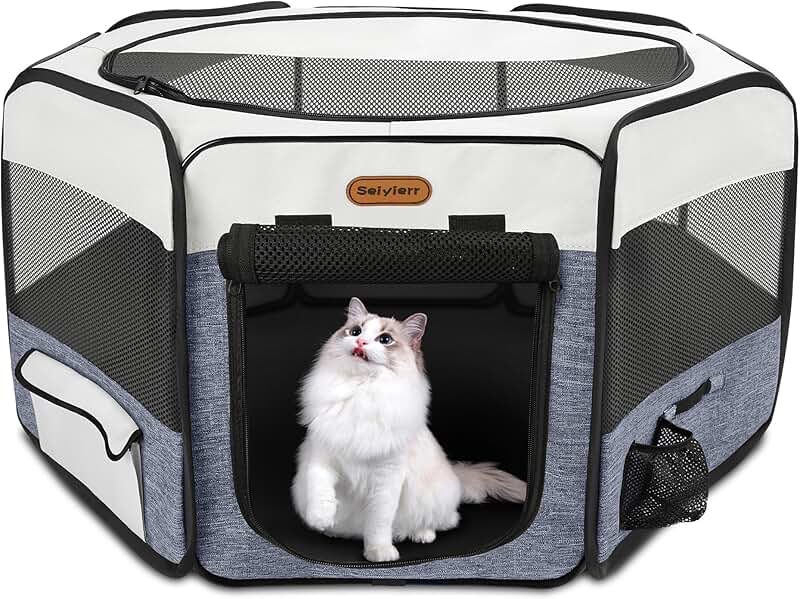 Portable Foldable Dog and Cat Playpen with Mesh Cover