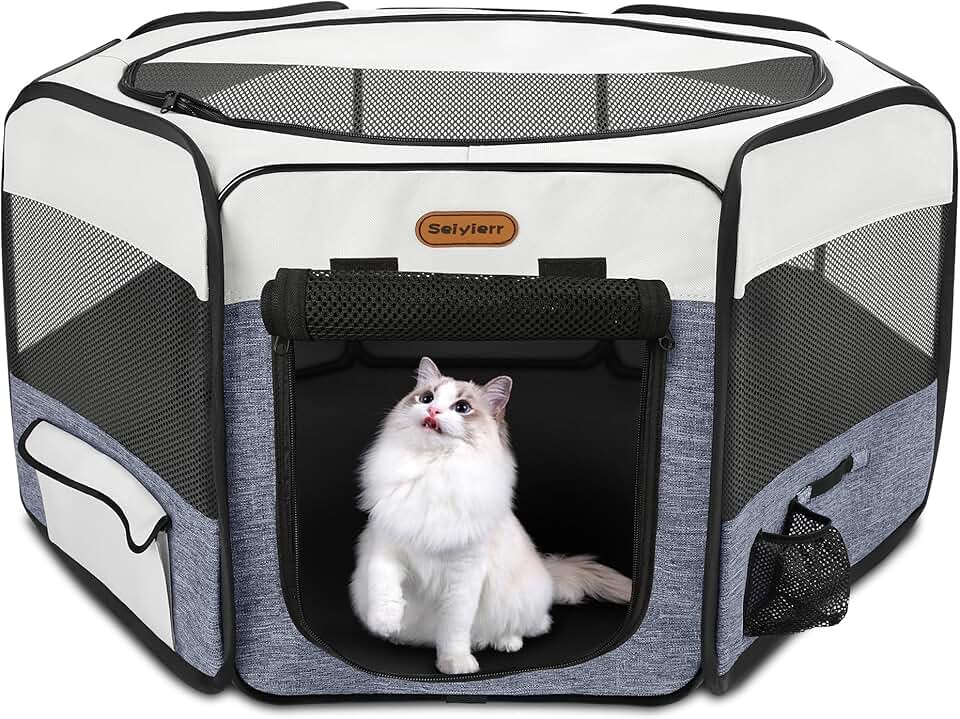Portable Foldable Dog and Cat Playpen with Mesh Cover