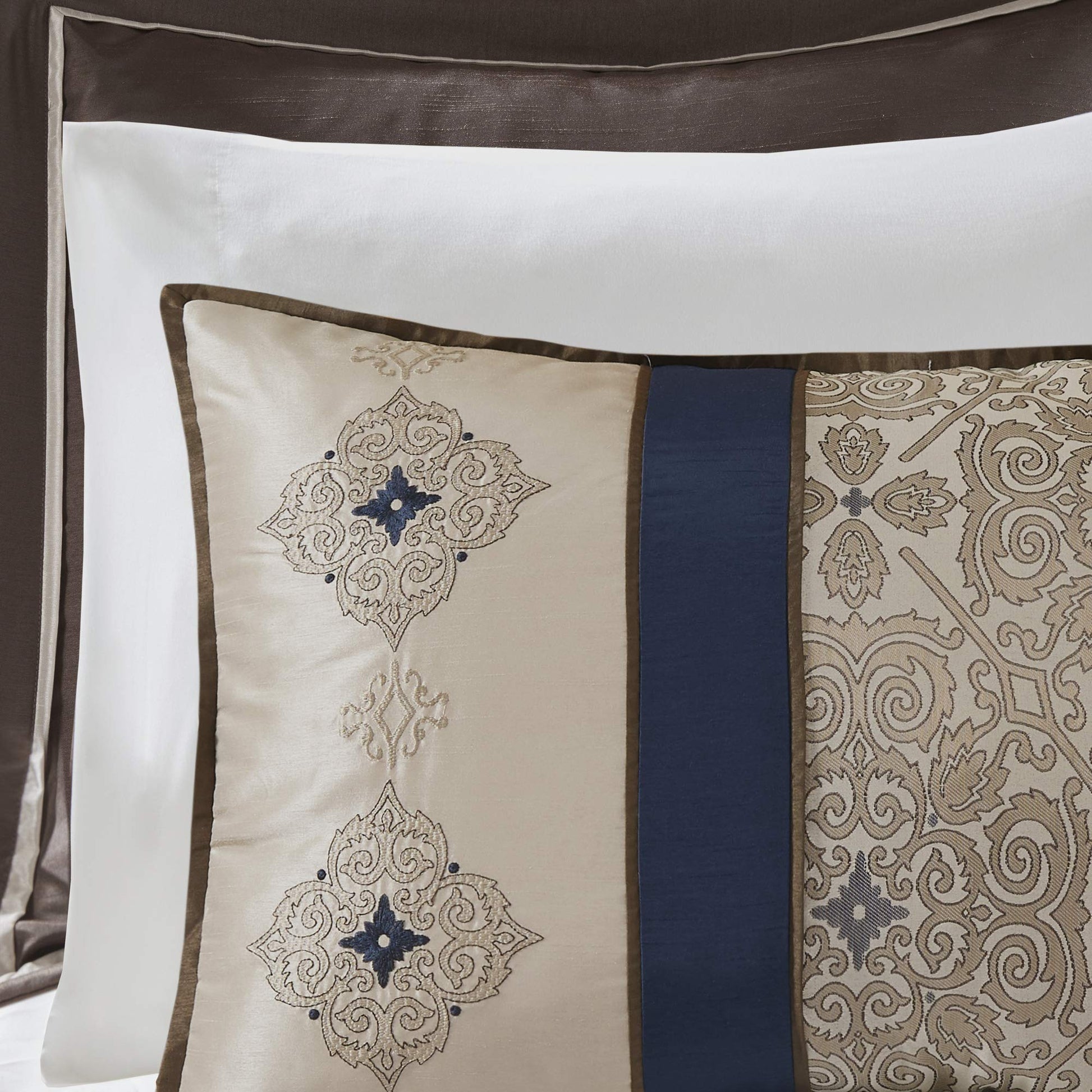 Essentials Delaney 24-Piece Room In A Bag Comforter Set- Jacquard All Season Bedding, Sheets, decorative pillows and Curtains, Valance, King 104 in x 92 in), Medallion Navy
