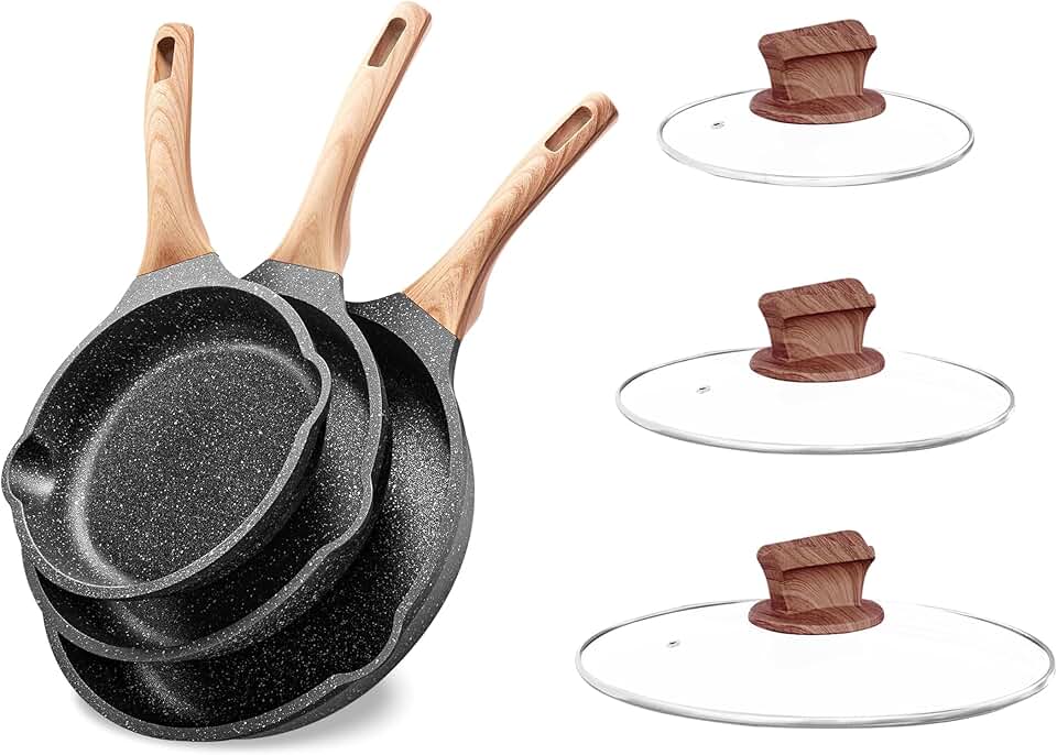 Non-Stick Frying Pan Set with Lids and Granite Finish