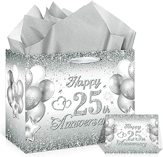 Silver 25th Anniversary Gift Bag with Tissue and Card