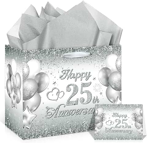 Silver 25th Anniversary Gift Bag with Tissue and Card