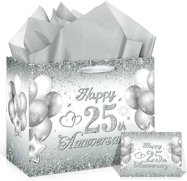 Silver 25th Anniversary Gift Bag with Tissue and Card