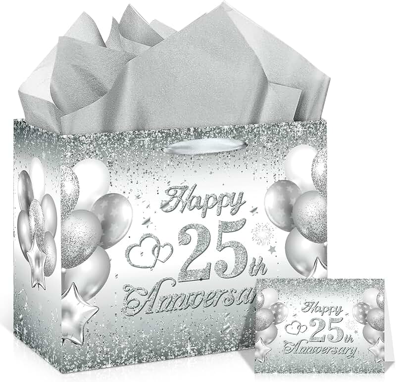 Silver 25th Anniversary Gift Bag with Tissue and Card