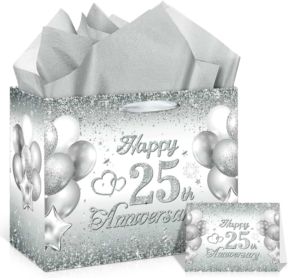 Silver 25th Anniversary Gift Bag with Tissue and Card